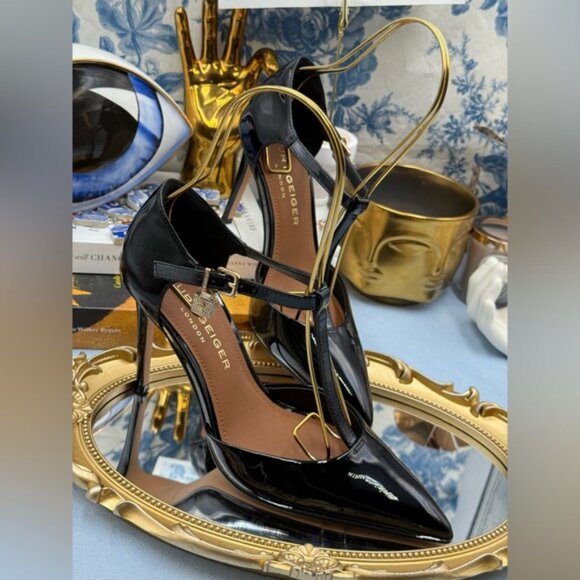 🆕 KURT GEIGER LONDON 🧿 NWOB Brixton Lock T Bar Court Heels, Black Patent, Sz 7 - Picture 7 of 16